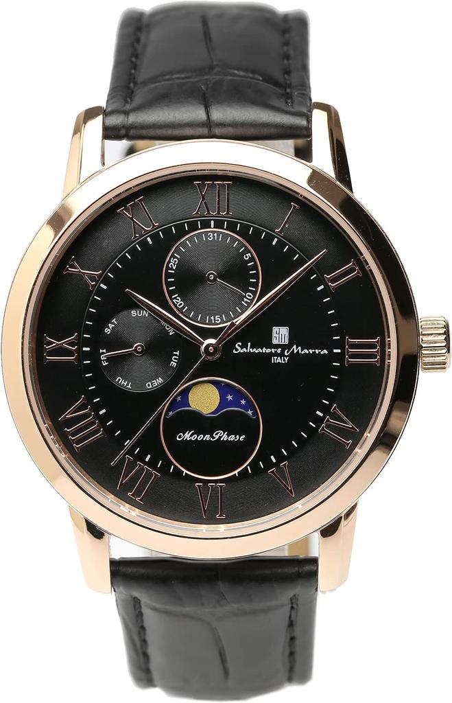 Watch Moon Phase Multi Calendar 5 ATM Water Resistant Business Formal Leather Belt Limited Model Black Pink Gold [Salvatore Mara] Men's SM21106-PGBK