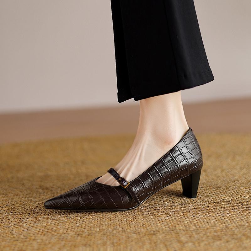 Fashion Women's New Four Seasons Genuine Leather Printed Cowhide Pointed High Heels Retro Belt Buckle Mary Jane Shoes Work Single Shoes