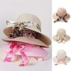 Beige Wide Brim Straw Sun Hat Foldable Polka Dot Bow Ribbon UV Protection for Summer Pool Party Travel Use