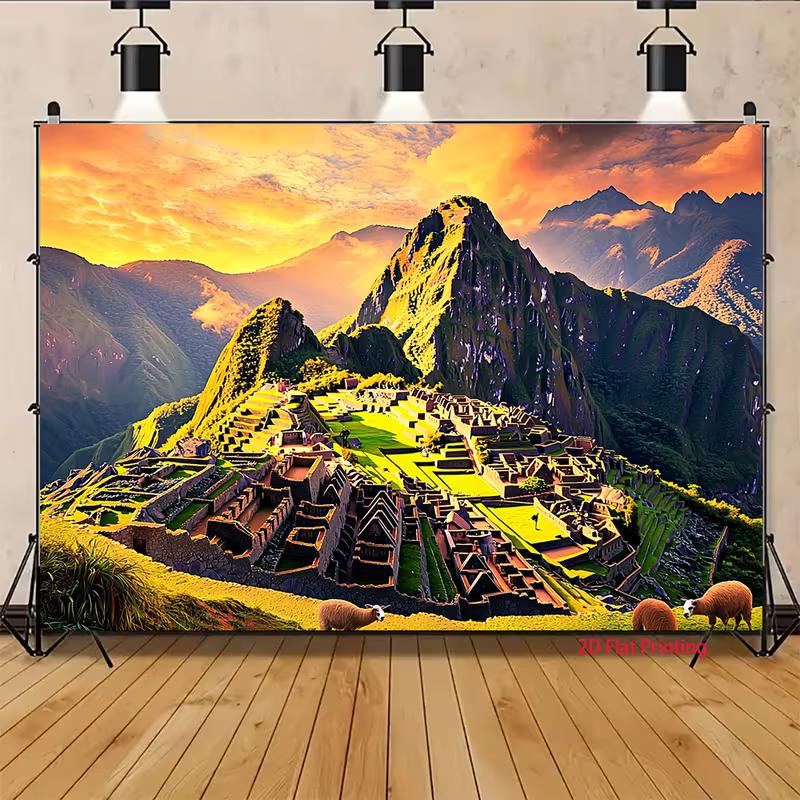 Nádherná tapisérie Machu Picchu, Západ slunce při zlaté hodině nad starověkými inckými ruinami a lamami, Exotické cestovní nástěnné umění