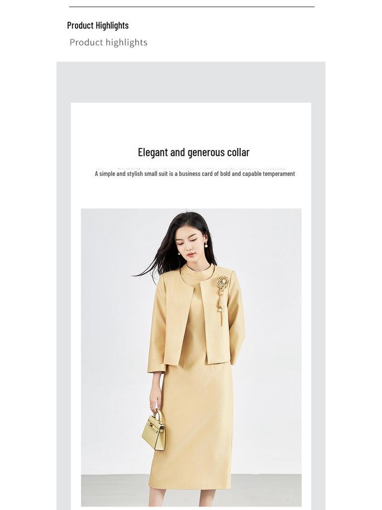 Elegant Floral Embossed Round Neck Jacket & Dress Set