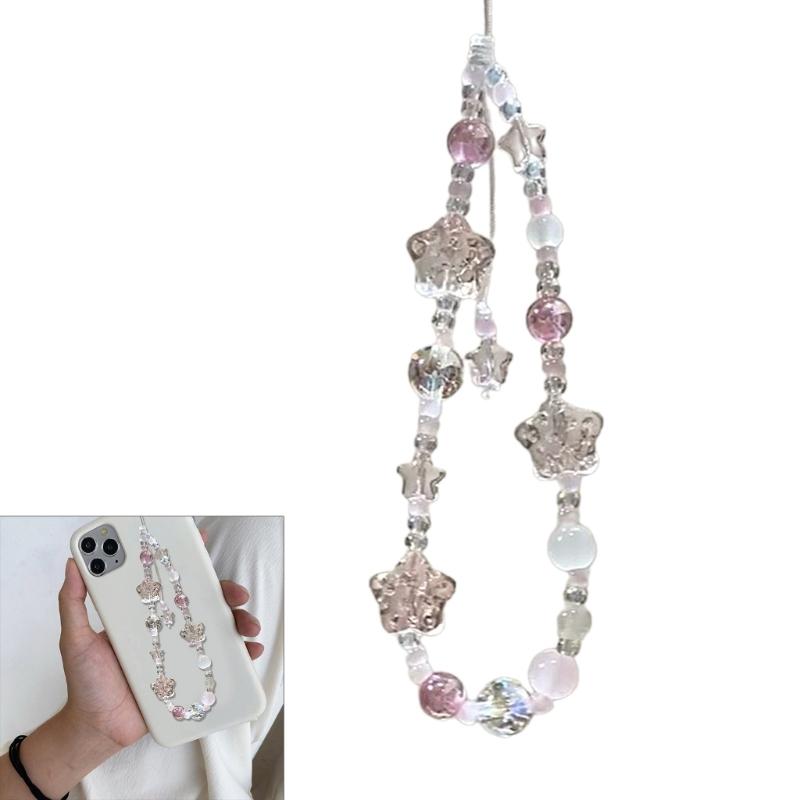Sweet Clear Star Bead Charm Pendant Chain Phone Strap Pocket Keychain Strap Hangings Decoration for Key Bag Purse