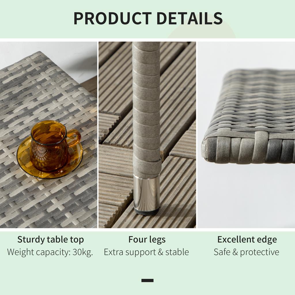 Rattan Side Table, Outdoor Coffee Table with Plastic Board Under the Full Woven Table Top for Patio, Garden, Balcony, Mixed Grey