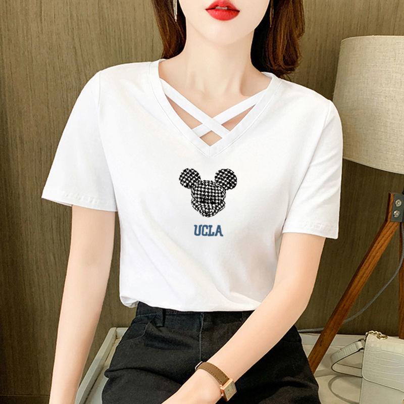 Women's 100% Pure Cotton Crossover V-Neck Short Sleeve T-Shirt - 2024 Korean Casual Summer Fashion Trend