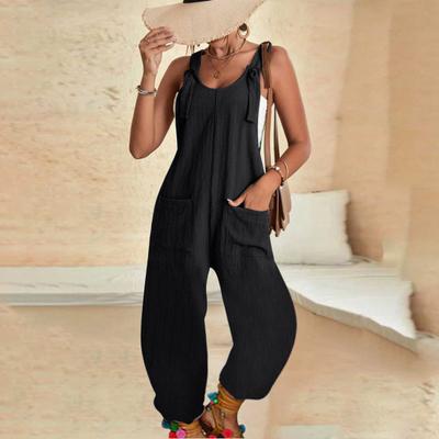 Women Adjustable Wide Shoulder Straps Jumpsuit Pockets Wide Leg Solid Color Thin Long Playsuit Bib Overall Streetwear