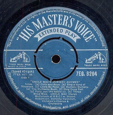 7inch Record UNCLE MAC, STUART ROBERTSON, DOROTH - Nursery Rhymes 7EG8264 His Master's Vo India Children's Used