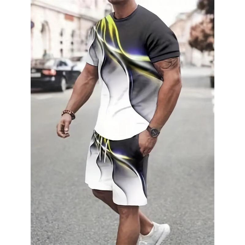 Nueva Camiseta con Textura Degradada para Hombre Traje de Verano de Dos Piezas Nuevos Pantalones Cortos Moda Impresión 3D Streetwear Casual Ropa Deportiva Modelos para Hombre