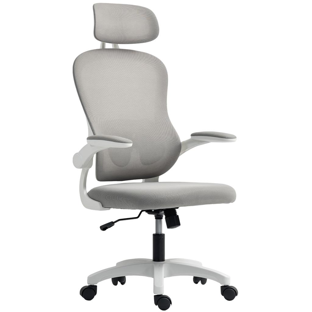 Ergonomic Office Chair, Mesh Backrest, Height Adjustable, Foldable Armrests, 5 Casters, Grey