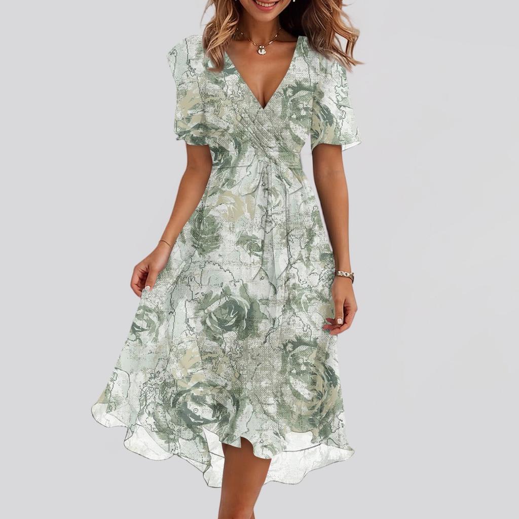 Women's Fashion Casual V Neck Short Sleeve Ruffled Vintage Printed Dresses