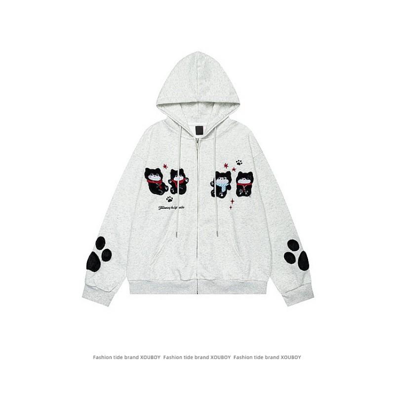 Unisex Oversized Hooded Cardigan With Embroidered Dog Motif Casual Cotton Sweatshirt Loose Fit