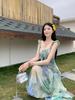 Women’s Summer Retro French Tie-Dye Spaghetti Strap Ruffle A-Line Maxi Dress