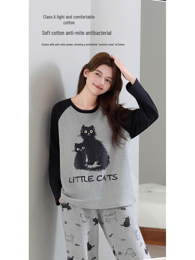 Women's Long Sleeve Cotton Pajama Set with Bra Pads - Sweet Cartoon, Plus Size, Antibacterial, Loose Fit