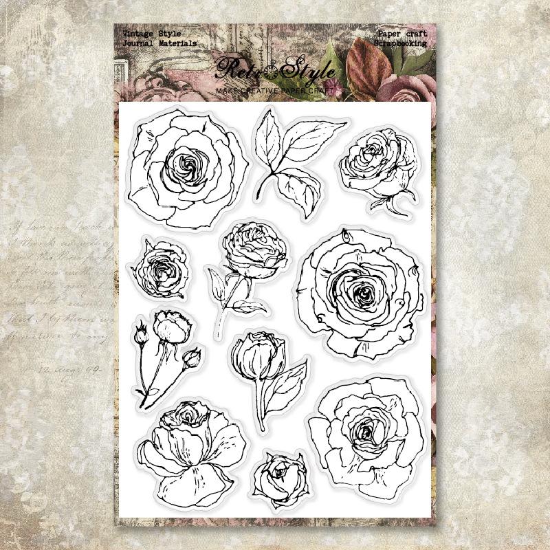 1SET hand account transparent silicone seal retro background basic seal DIY decorative hand account rubber stamp mushroom manuscript paper