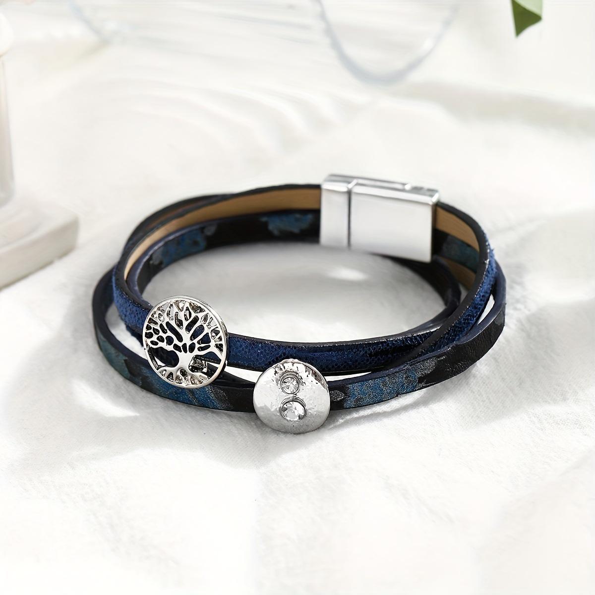 

Богемный кожаный браслет с древом жизни и стразами - Европейский и американский стиль, Идеален для подарков на Рождество или День святого Валентина синий