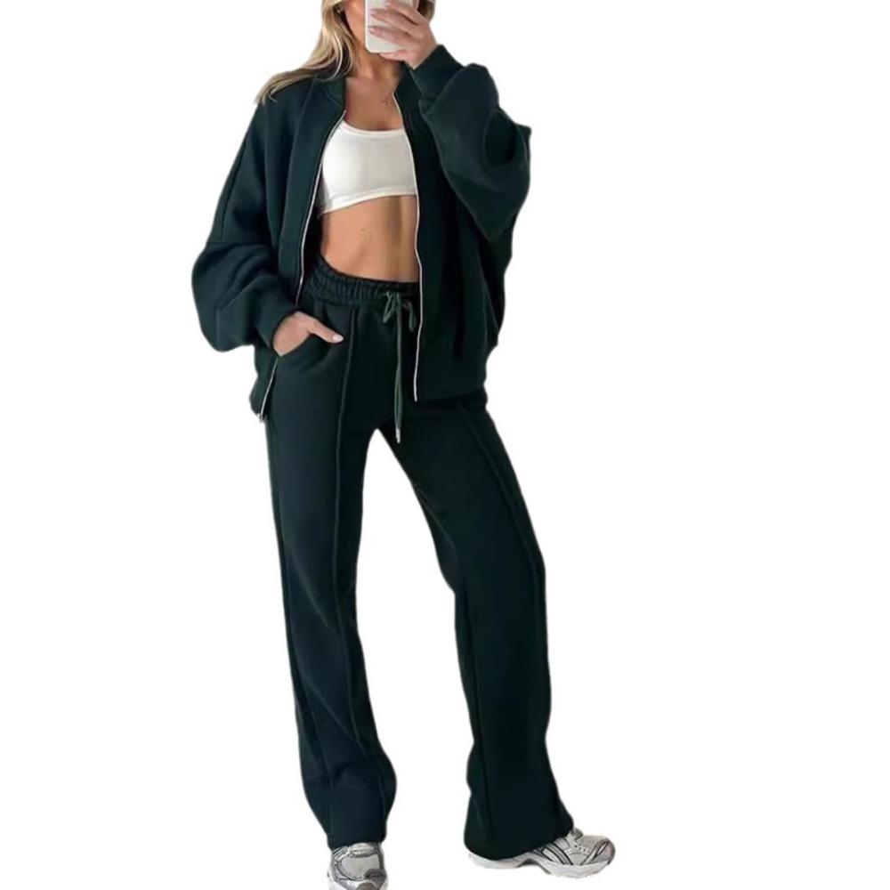 New Women's Fashion Casual Set: Solid Color Long-sleeved Sweatshirt, Zipper Trousers, Two-piece Set