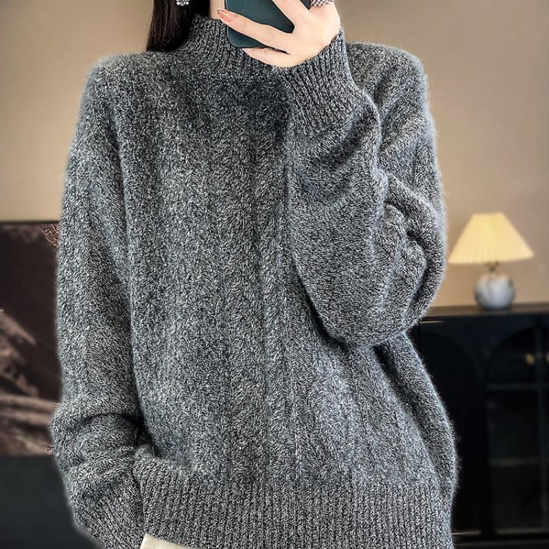 Thickened Half-high Neck Twisted Flower Sweater for Women In Autumn and Winter New Loose and Versatile Cashmere Knitted Sweater Base Shirt
