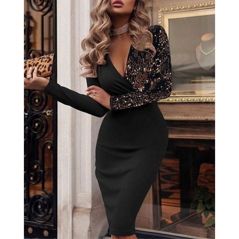Women's Deep V Ruffle Hip Long Sleeves Dress Sequin