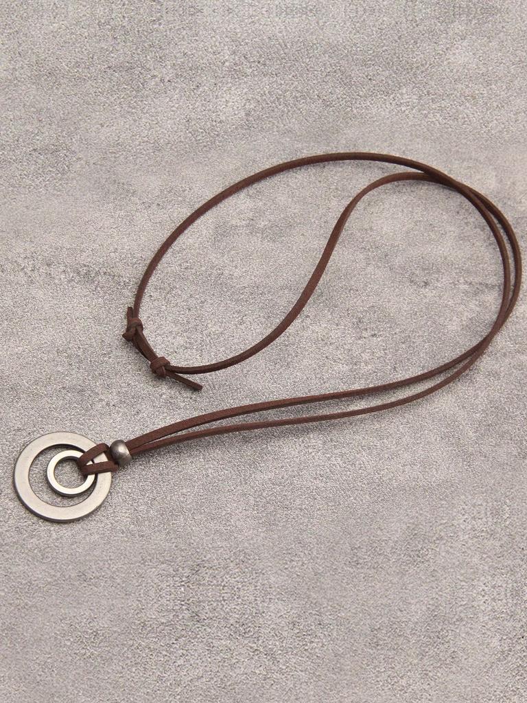Vintage-Inspired Double Circle Alloy Pendant BrownLeather Chain Necklace with Adjustable Velvet Cord Bohemian Western Rustic Style