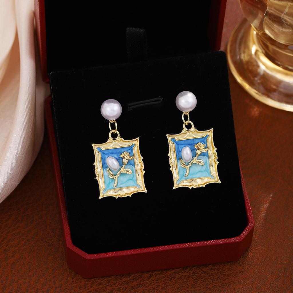 1Pair Fresh and sweet-tempered earrings - Monet Garden French Drop Oil Three-Dimensional Flower Earrings