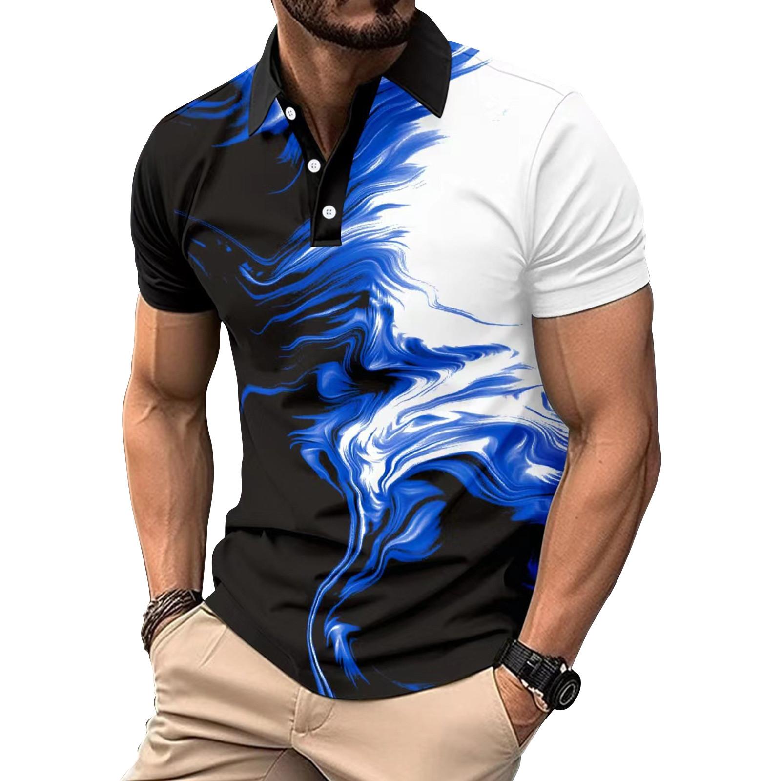 

Мужская повседневная рубашка с принтом на воротнике и пуговицах, деловая универсальная футболка с цветными блоками XXL синий