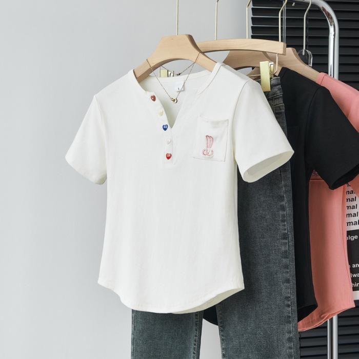 

Original fabric large size women s clothing fat mm curved hem button short sleeve t-shirt women M белый