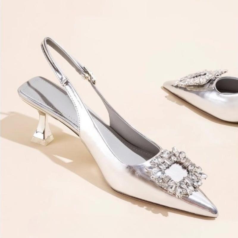Fashion Summer Women Sandals New Women's Shoes Pointed Toe Shallow Nude Pink Diamond Shoes Low Heel Back Strappy  Women Dress Shoes