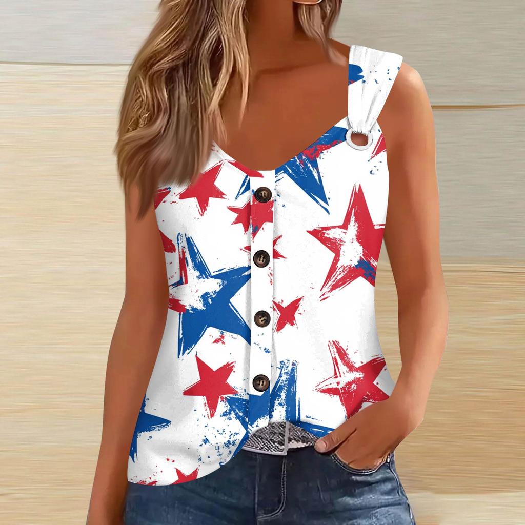 Women's Fashion Casual Loose Sleeveless Buttoned V-Neck Independence Day Printed T-Shirt Top