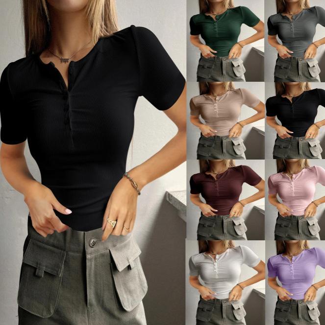 Women’s Short-sleeved Sweet and Fresh-looking Knitted Top with A Lace Collar Button Fastening and Ribbed Trim