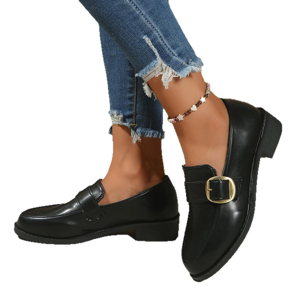 43 Plus Size Metal Buckle Small Leather Shoes Women's 2025 Autumn New Thick Heel Low Top