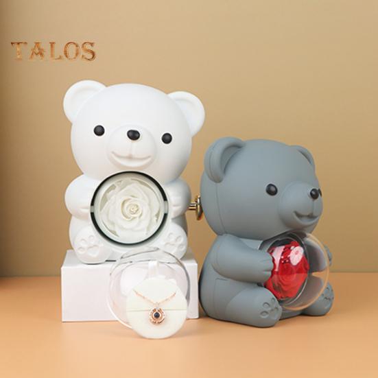 Preserved Rose Hug Bear Gift Box with Handbag Eternal Flower Rotating Bear Jewelry Holder for Women Valentine's Day Anniversary