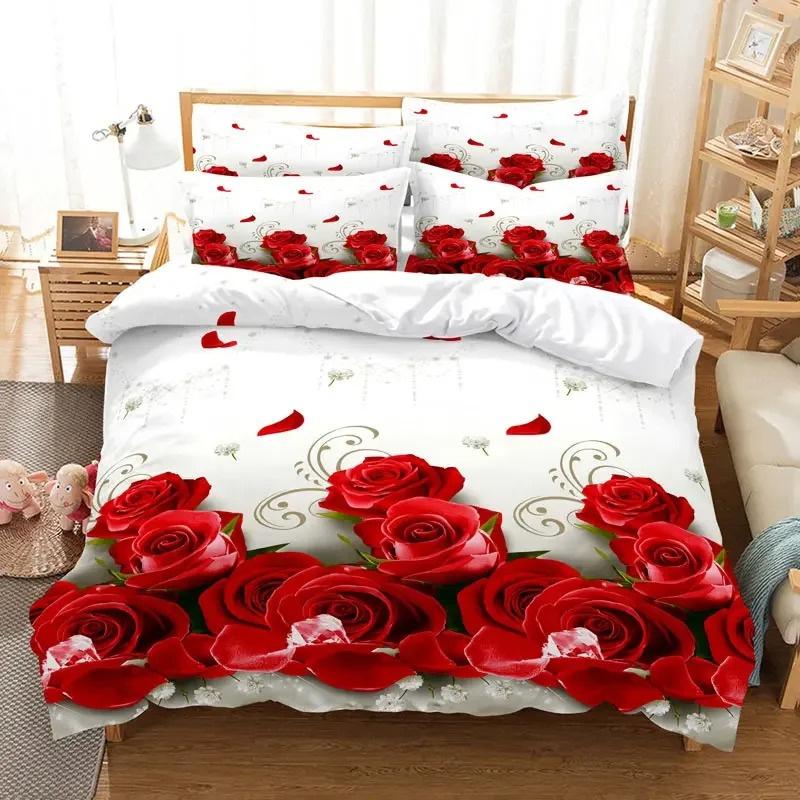Rote Rose-Bettwäsche-Set, Steppdecke/Bettbezug, Kissenbezug, 3D-HD-Doppelbett, voll, King-Size-Bett, Doppelbett, Einzelbett, 3/2-teilig, Polyester-Bettbezug