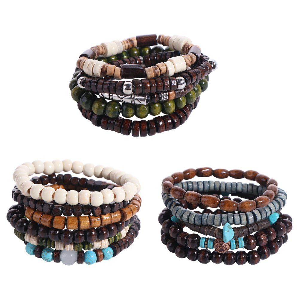 5/6 Pcs/set Fashion Wood Men Bracelets Ethnic Style Handmade Bead Bracelet Set Jewelry Bohemian Style Hand Ring Girls
