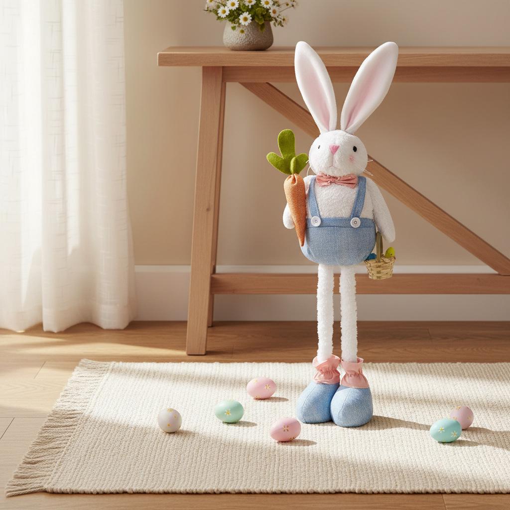 Extendable Legs Easter Bunny Plush Holding Carrot Basket