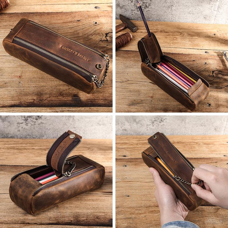 Vintage Crazy Horse Leder Kreatives Federmäppchen Handgefertigt Doppelter Reißverschluss Große Kapazität Schüler Stifteaufbewahrungsetui