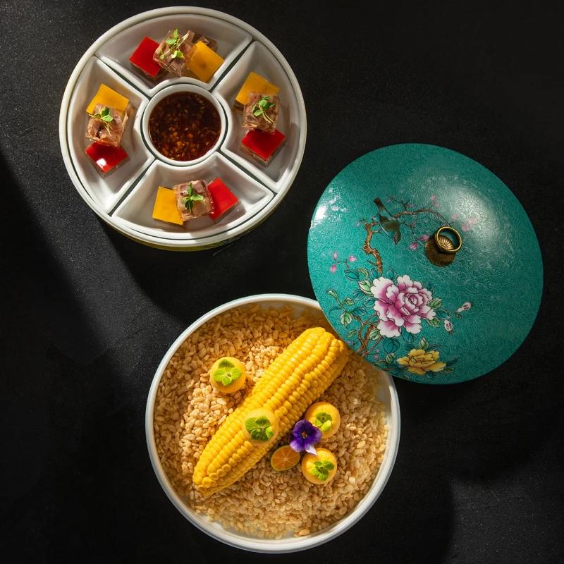 Cold Dish with Ceramic Artistic Conception Special Five Grid Cold Dish Creative Art Tableware Enamel Color Round Cover Bowl