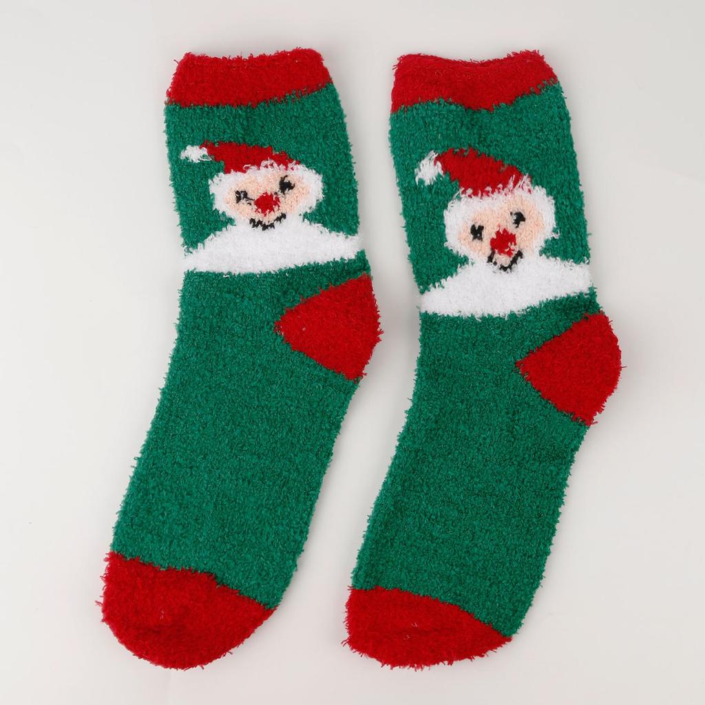 Women's Christmas Socks - Elk & Santa Design, Thick Coral Fleece, Floor Socks