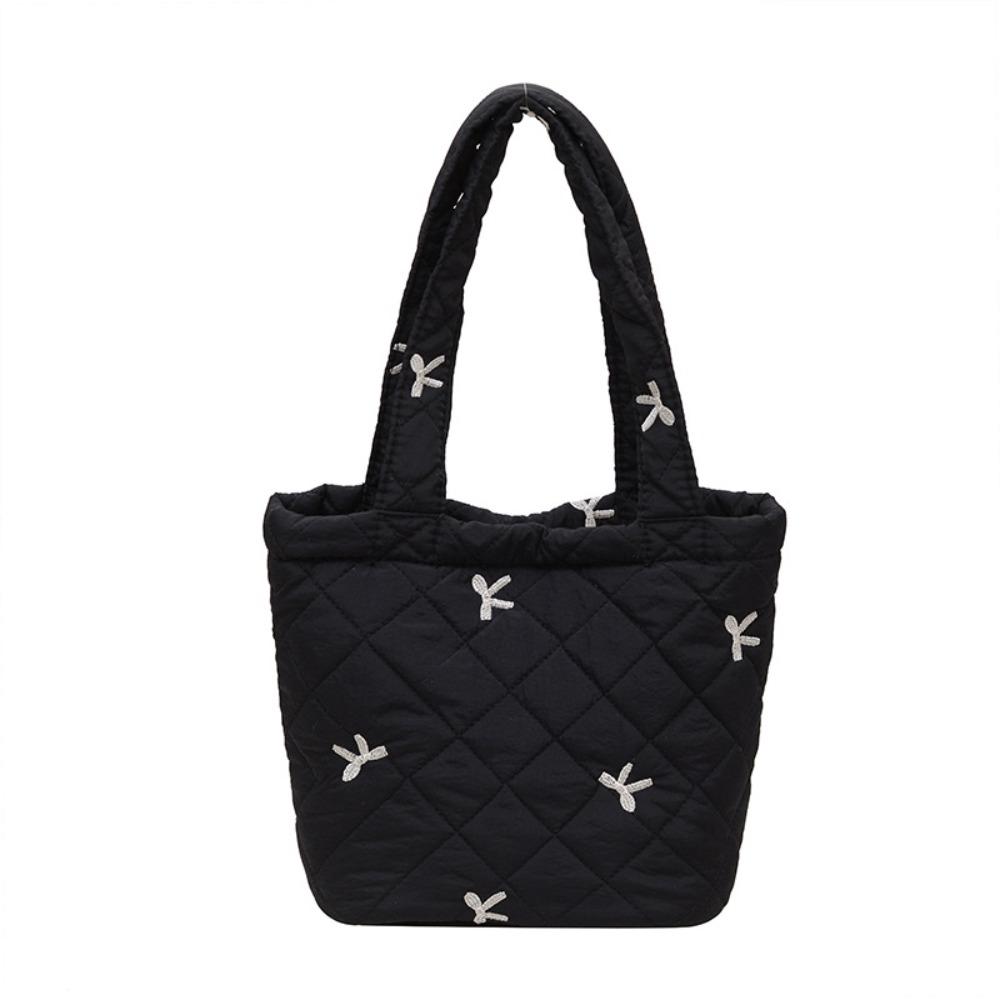Fashion Nylon Bucket Bag Ins Style Bow Embroidered Handheld Tote Bag Portable Jacket Bag Casual Wear чёрный