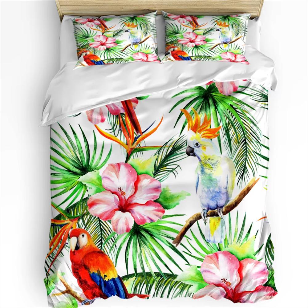 Parrot King Queen Bedding Set Cute Birds Colourful Feather Duvet Cover Tropical Flowers Comforter Cover Polyester Quilt Cover
