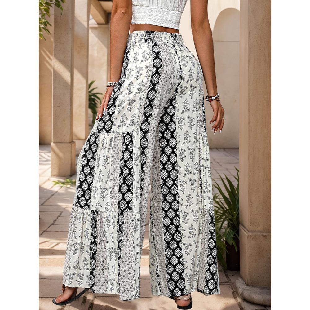 High-waisted, Drawstring Wide-leg Trousers with Patchwork Ethnic-style Details – Casual Wide-leg Trousers for Women