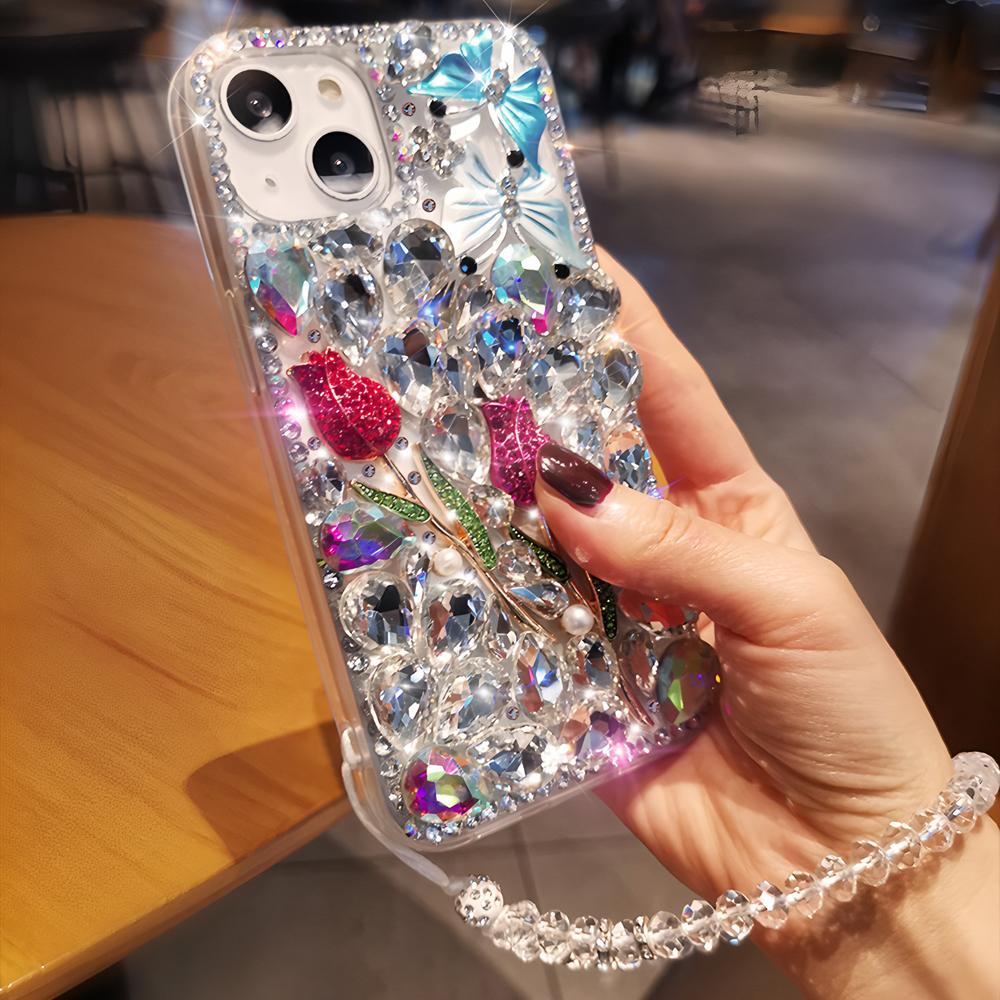 

Glitter Rhinestone Phone Case 3D Tulip Flower Bling Diamond Cover For Motorola Edge 60 Fusion 50 Neo Ultra Pro 40 Motorola Edge 40 Neo білий