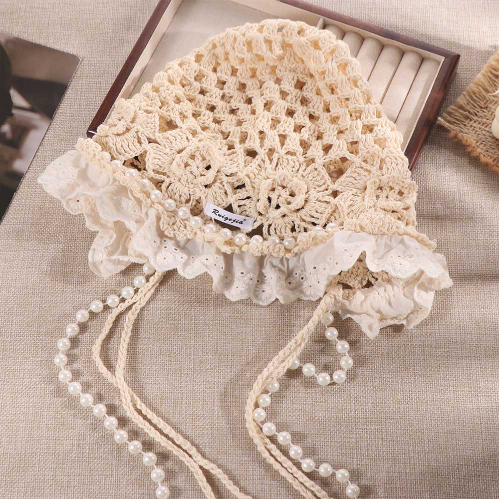 Hollow Out Lace Beanies Pearl Tassels Knit Cap Casual Crochet Flower Knitted Hat Girls