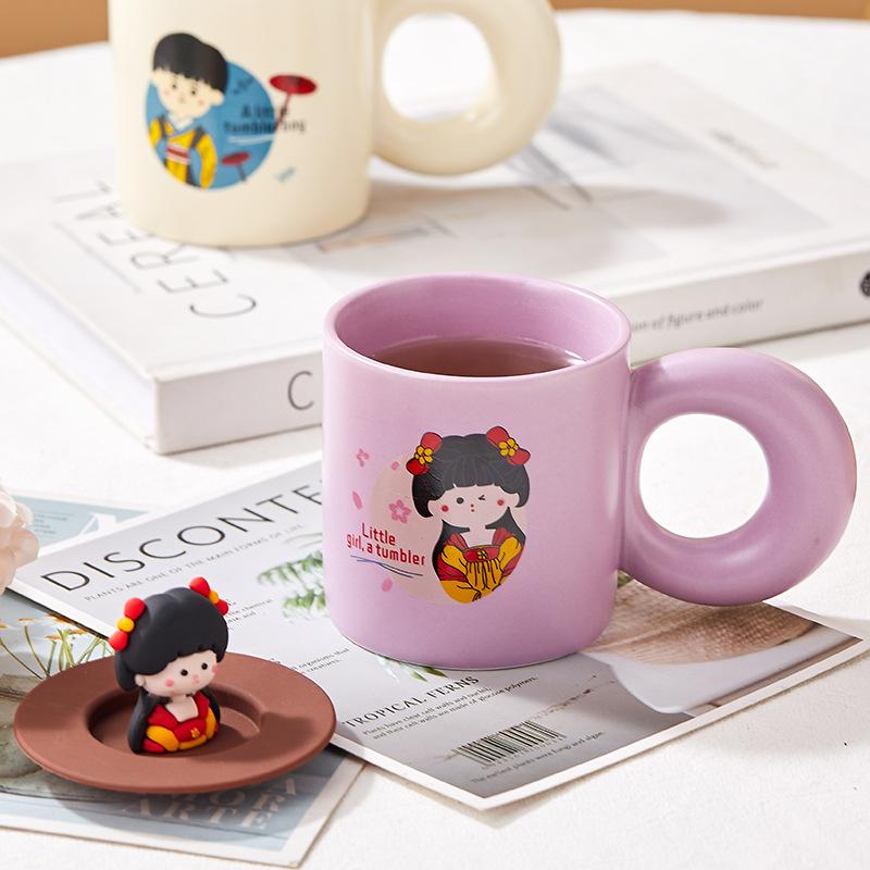 Kreativer Stil Tasse Junge und Mädchen Paar Tassenpaar mit Deckel Keramik Wasserbecher Paar Frühstückstasse Kaffeetasse