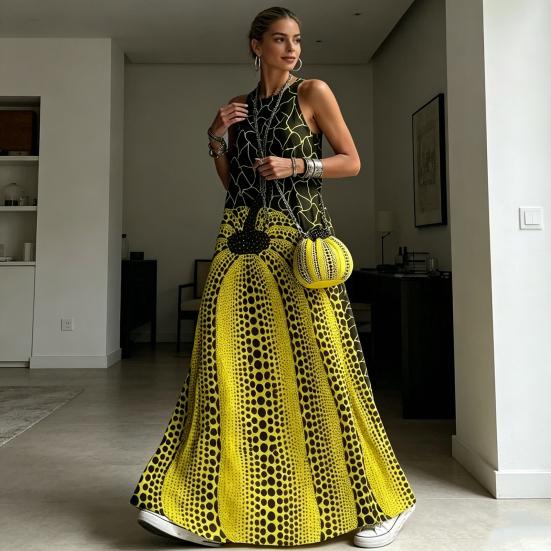 Vestido Maxi de Verano para Mujer, Vestido Largo Estampado sin Mangas de Cuello Redondo, Atuendos Casuales Fluidos para Vacaciones con Bolsillos