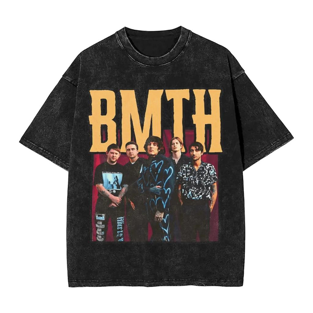 ROCK Band Bring Me The Horizon Tees for Fans BMTH Washed Vintage Tops Novelty Graphic Print Tee Shirt Vintage Loose Cotton Tops