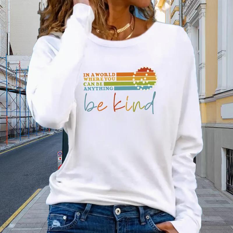 

Топы для женщин с принтом «Письмо - Будь добрым» и круглым вырезом, футболка с длинным рукавом, осенний повседневный тонкий пуловер, женский топ с длинным рукавом 8XL жёлтый