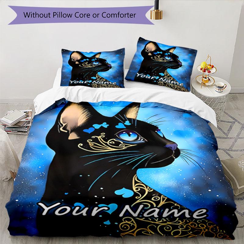 3PC Custom Name Blue Cat Dreamscape Bedding Set Duvet Cover Closure Includes 1 Duvet Cover & 2 Pillowcases for Bedroom