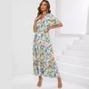 2025 Summer New Women's Batwing Sleeve Deep V Waist Trimming Printing Dress Beach Vacation Dress