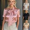 Women's Satin Short Sleeve Blouse with Bow Tie, Summer Casual Top