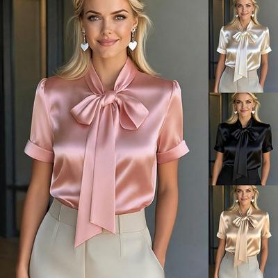 Women's Satin Short Sleeve Blouse with Bow Tie, Summer Casual Top