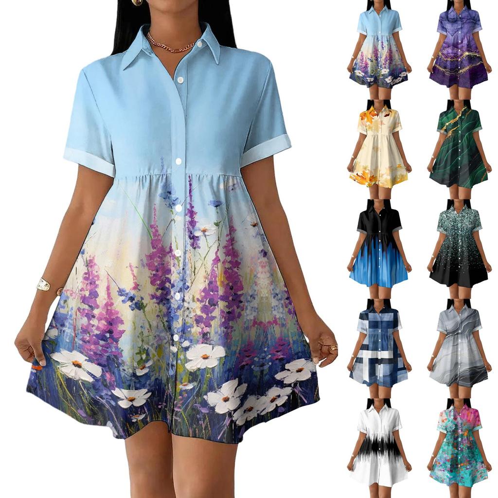 Women’s Casual Loose Fit Button Down Shirt Dress with Stand Collar and Floral Print Short Sleeve Design for Daily Wear